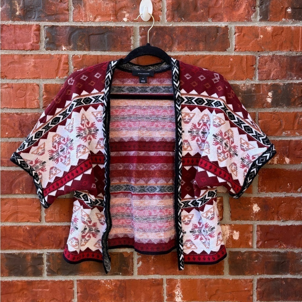 Atmosphere Womens Medium Boho Red Southwestern Knit Open Cardigan